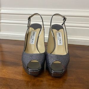 Grey sparkly open toe sling back Jimmy Choo high heels